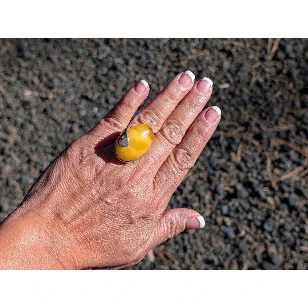 Handmade .925 Sterling Silver Baltic Butterscotch‎ Amber Ring Semi Adjustable